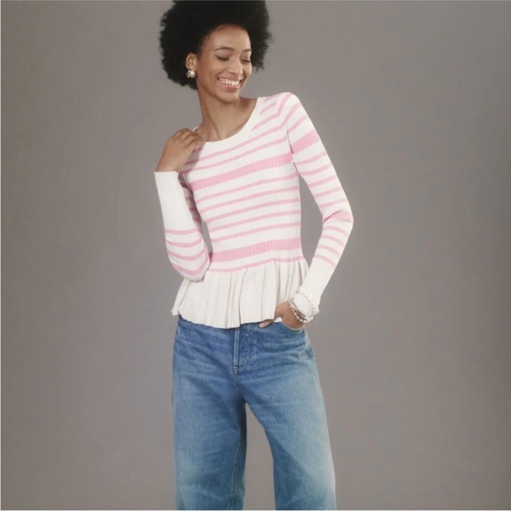 Anthropologie Striped Pink & White Peplum Longsleeve Top